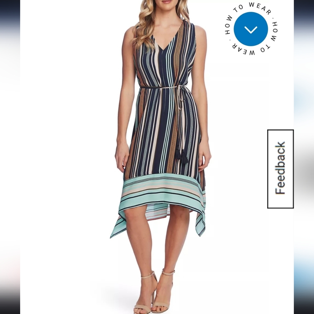 Vince Camuto Sleeveless Striped Asymmetrical Hem Dress, Size XL, Waist Tie